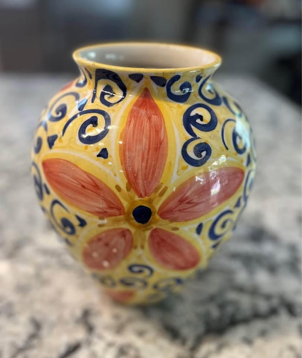Hand Painted Colorful Ceramic Vase 8” Floral Scroll Design